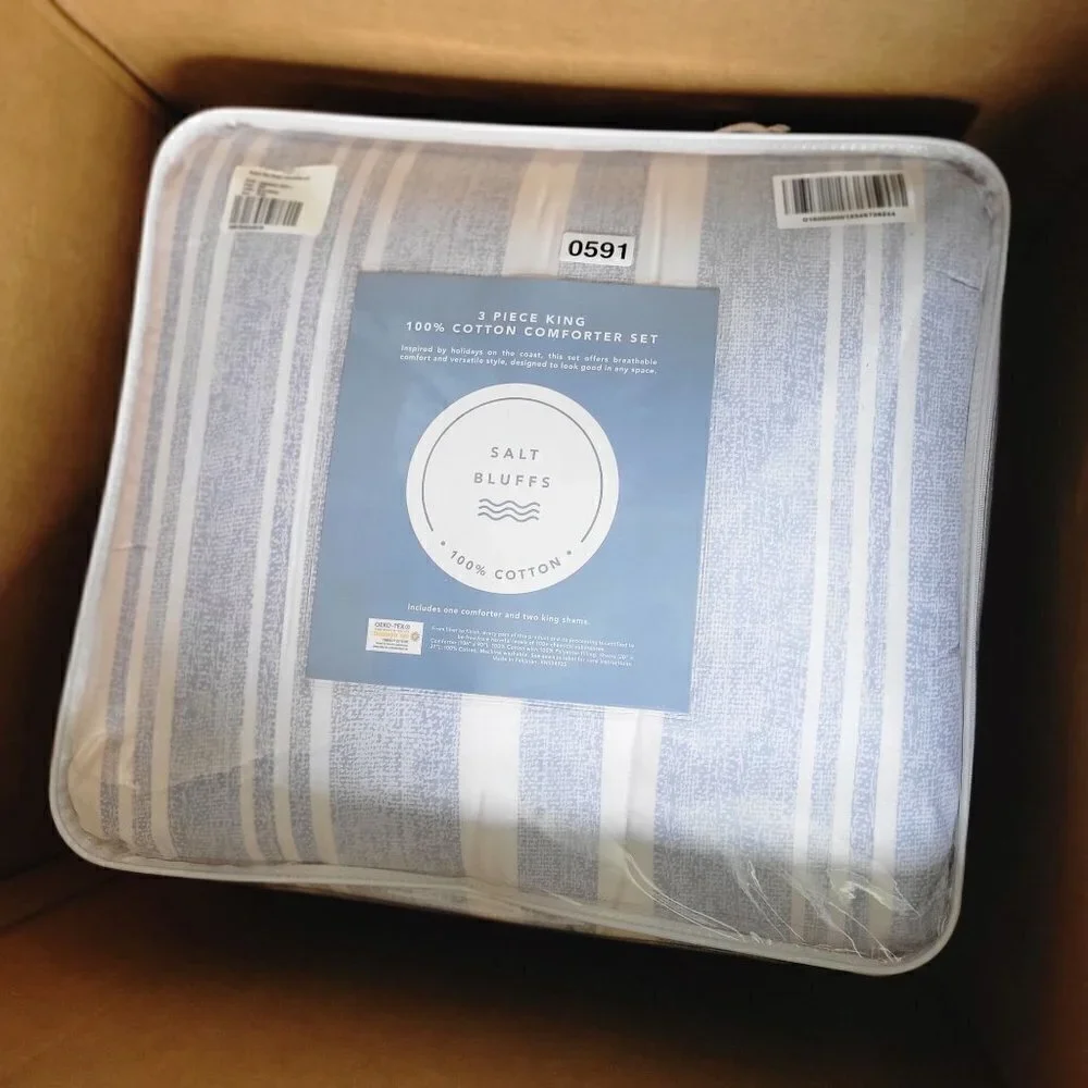 NIB- Beach Coastal Nautical Bay Stripe Comforter 100% Cotton Set Size King